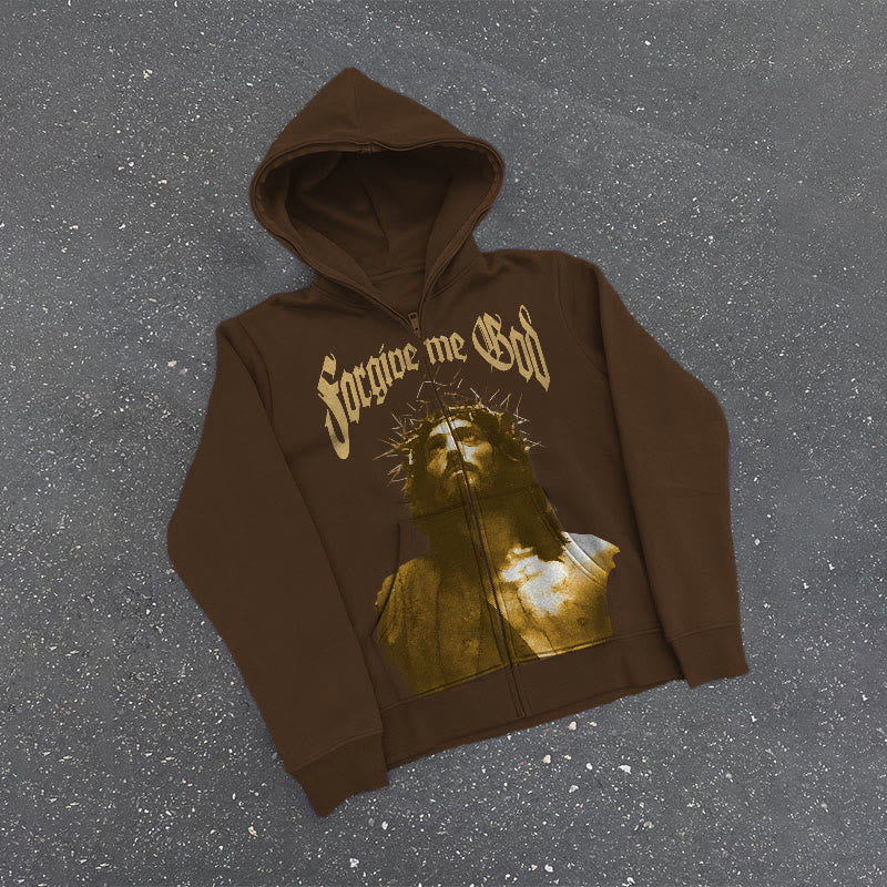 Forgive Me God Print Zipped Hoodie